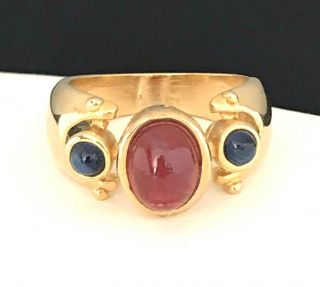 Vintage Ring Gold Tone 3 Stone Red Blue Gripoix Style Cocktail Signed Sz 5 4k