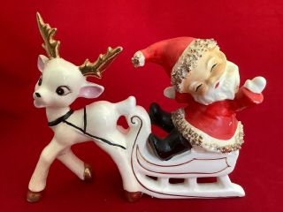 Vintage Ucagco Santa On Sleigh With Reindeer Figurine Spaghetti Trim Japan D5