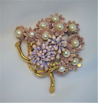 Vtg Florenza Pink Purple Enameled Faux Pearl Flower Brooch Pin Hollywood Regency