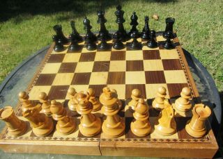 Antique Weighted British? Staunton Chess Set Complete,  Box / Board 3 3/8 " King