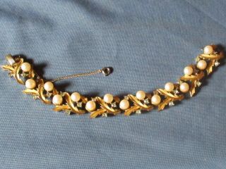 Vintage Signed Crown Trifari Gold - Tone Clear Rhinestone Faux Pearl Bracelet