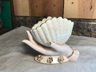 Vintage Ucagco Ceramic Hand Holding Shell Vase With Gold Trim