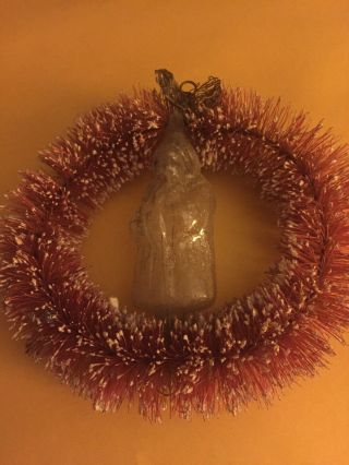 Vintage Pink Bottle Brush Wreath With Glass Santa In Middle 4”