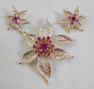 Vtg Sarah Coventry Pink Rhinestone Poinsettia Flower Pin Earrings Set