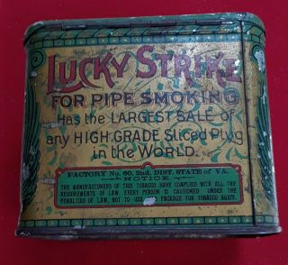 Vintage Early 1900 ' s Lucky Strike Tobacco Tin 4 - 1/2 wide x 3 - 3/4 tall. 3
