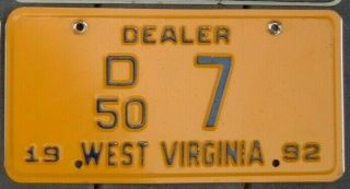 West Virginia Vintage 1992 Dealer License Plate Low Number D50 7