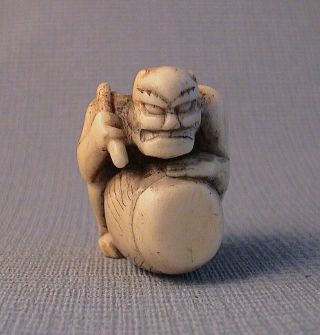 Early19th C Stag Antler Netsuke Of Raijin Beating A Drum
