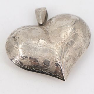 Vtg Sterling Silver - Etched Filigree Puffy Heart Love Pendant - 12g