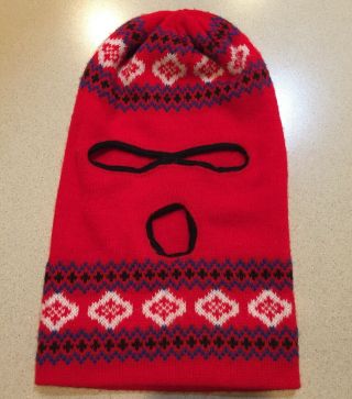 Vintage Ski Mask,  Full Face,  3 Holes,  Knit Winter Hat,  Red Acrylic 70s 80s