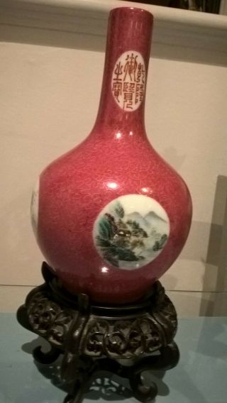 Antique Chinese Porcelain Vase On Deep Pink Ground W 4 Scenic Paintings Signed