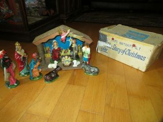 Nativity Manger Scene Creche 15 Pc Lights Music Box Japan Christmas Vintage