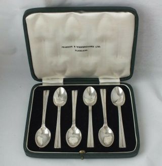 Modernist Boxed Set Of 6 Solid Sterling Silver Tea/ Coffee Spoons 1939/ 98 G