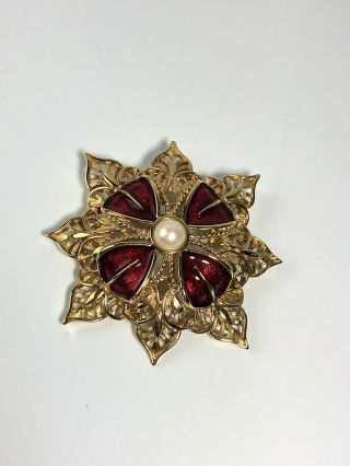 Vintage Signed Monet Gold - Tone Metal Red Enamel Faux Pearl Pin Brooch