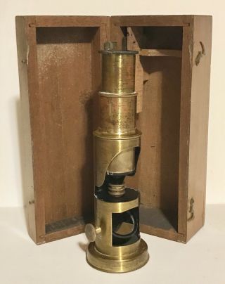 Antique Miniature 6” Brass “france” Furnace Style Field Microscope In Wooden Box