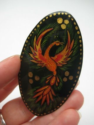 Vintage Russian Black Lacquer Pheonix Brooch Hand Painted