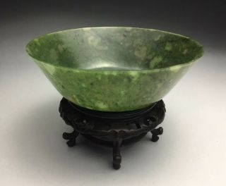 Antique Chinese Spinach Jade Bowl & Stand
