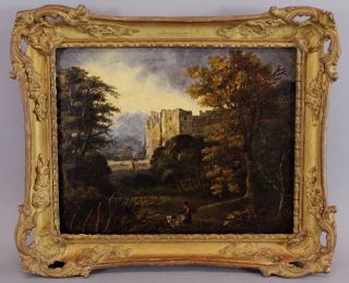 Antique 19thc Continental Landscape Oil Painting,  Peasants Gathering Firewood