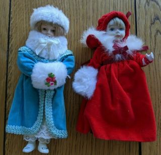 Vintage 2 Porcelain Jointed Dolls Christmas Victorian 7 " & 7 1/2 " Doll