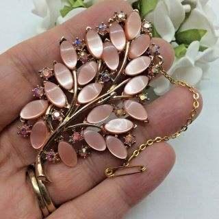 Vintage Jewellery Pink Lucite & Ab Rhinestone Gold Tone Flower Spray Brooch Pin