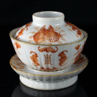 Chinese Porcelain Iron Red Bowl Bats & Fruits Tongzhi Seal Mark 19th C.