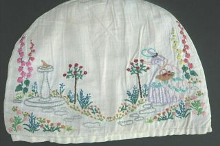 Vintage Hand Embroidered Crinoline Lady In Flower Garden Tea Cosy