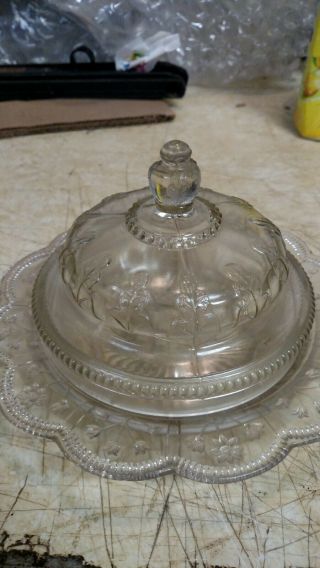 Vintage Covered Butter Dish,  Clear Glass Round W/ Lid Lovely Design Pattern