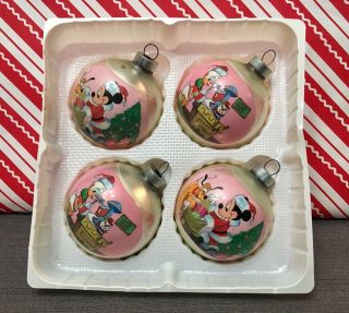 Vintage Disney Mickey Donald Christmas Glass Ball Ornaments Set Of (4) Look