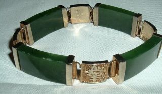 Vintage Gold Plated Sterling Silver Green Nephrite Jade Panel Link Bracelet 34 G