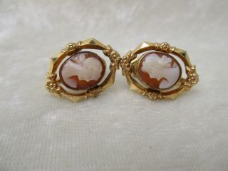 Vintage Victorian 12 Kt Gold Filled Cm Cameo Screw - Back Earrings