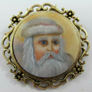 Vintage Round Hand Painted Framed Santa Claus Christmas Brooch Pin Pendant Combo