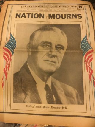 Vintage Newspaper Headline World War 2 Fdr Roosevelt Dies Wwii Baltimore