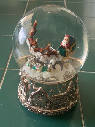 Vintage Silver Plates Snow Globe Santa Flying Over Winter Town