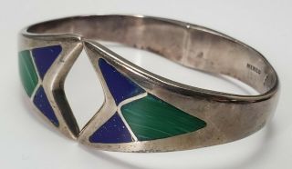 Vintage Taxco Mexico Modernist Deco Sterling Silver Cuff Bracelet W/ Stone Inlay