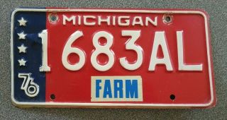 Vintage 1976 Michigan Bi - Centennial License Farm Plate 1683al Red White & Blue
