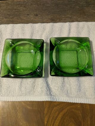 Vintage Emerald Green Square Glass Ashtray Pair Mod