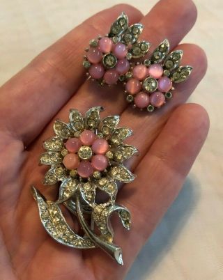 Vintage Coro Clear Rhinestone Flower Pink Lucite Brooch Earring Set Silver Tone