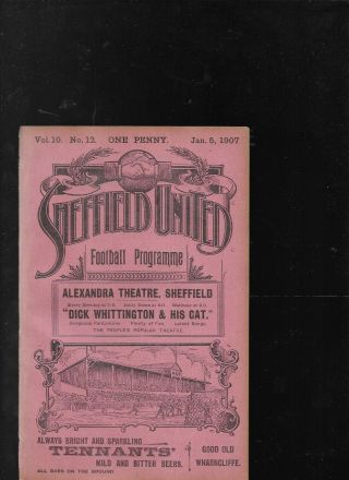 Antique Programme Sheffield United V Bolton Wanderers 5 - 1 - 1907