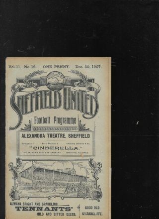 Antique Programme Sheffield United V Bolton Wanderers 30 - 12 - 1907