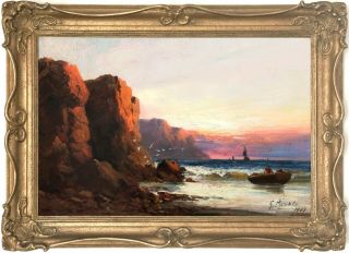 The Coast At Sunset Antique Marine Oil Painting By Georges Pienne (19th Century)