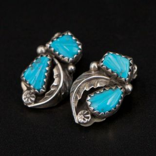 Vtg Sterling Silver - Navajo Carved Turquoise Feather Clip On Earrings - 3.  5g