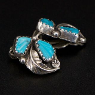 VTG Sterling Silver - NAVAJO Carved Turquoise Feather Clip On Earrings - 3.  5g 3