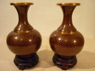 Vintage Chinese Pair Cloisonne Vases On Stands