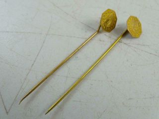 Antique 1860 Indian 1856 California Gold 10k Coin Stick Pin Set Vintage X2 Old