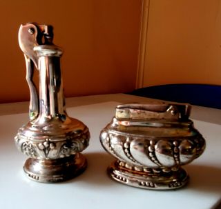 2 Vintage Ronson Decanter & Genie Crown Silver Plated Table Lighter