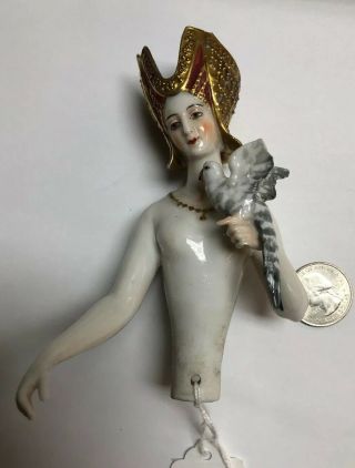5” Antique German Porcelain Half 1/2 Doll Kister Medieval Lady Falcon 1420 Se