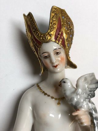 5” Antique German Porcelain Half 1/2 Doll Kister Medieval Lady Falcon 1420 SE 2