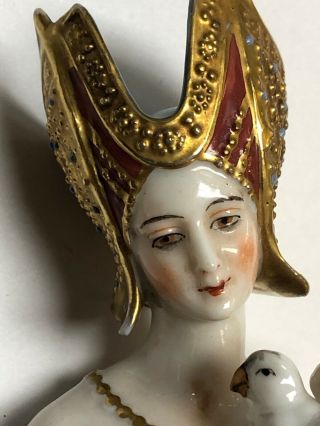 5” Antique German Porcelain Half 1/2 Doll Kister Medieval Lady Falcon 1420 SE 3