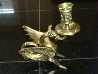 Vintage Brass Dragon Griffin Chamber Stick Candle Holder With Drip Guard