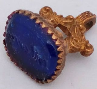 Antique Gilt Metal Intaglio Seal Fob Mary With Bristol Blue Glass C 1830 - 40