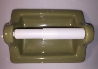 Vintage 1970s Avocado Green Glossy Ceramic Toilet Paper Holder Wall Mount 3 H7